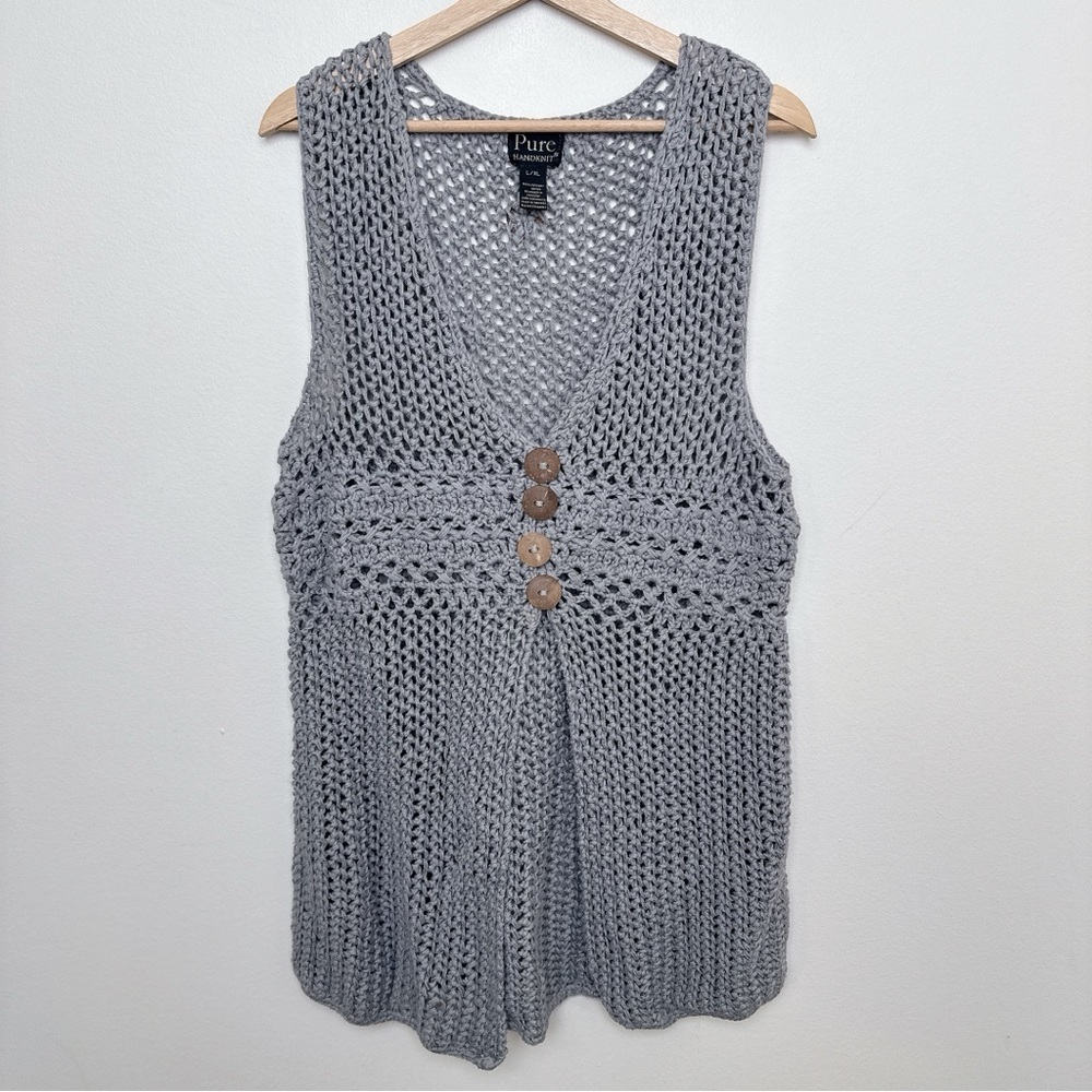Pure Handknit Womens L/XL Boho Knit Crochet Vest Button Up Hand Knit